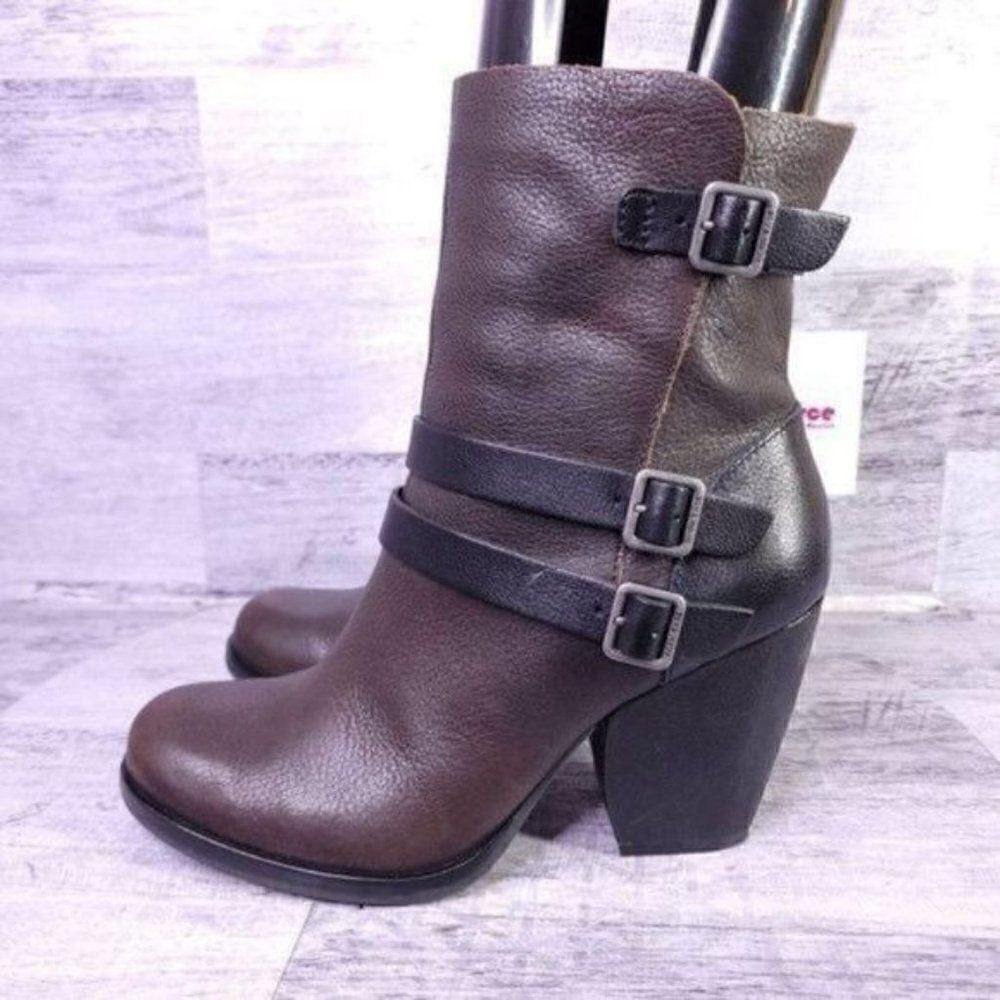 Kork Ease Anki Buckle Strap Leather Heeled Moto Boot Brown Black Women's sz 8 - Picture 3 of 9